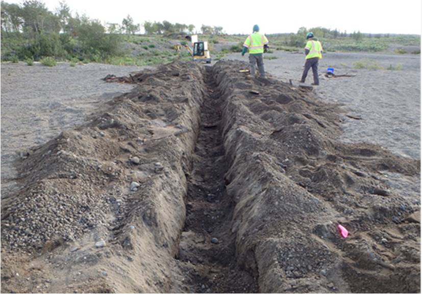 two people near large dirt trench that was dug up