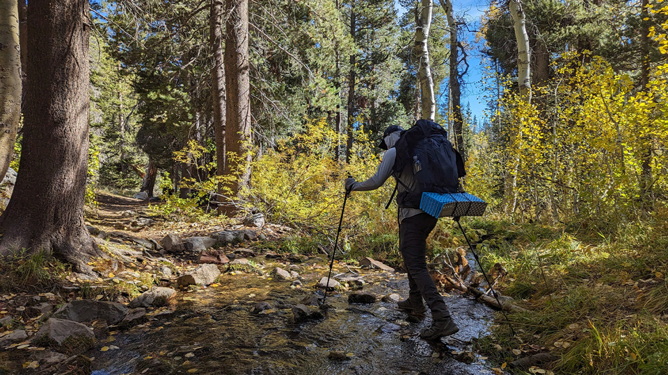 person with hiking poles stepping through water in a forest